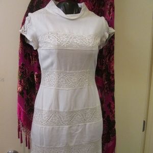 WHITE EVE CARVER VINTAGE 50s DRESS, LACE, METAL ZI